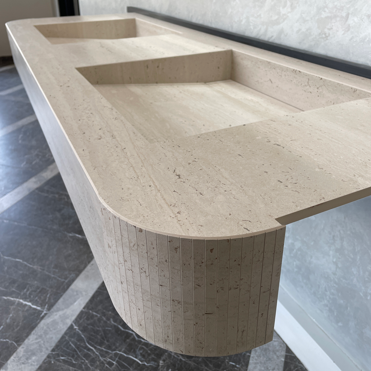 Handcrafted Travertine Look Porcelain Double Sink: Custom Vanity Top (ES-100)