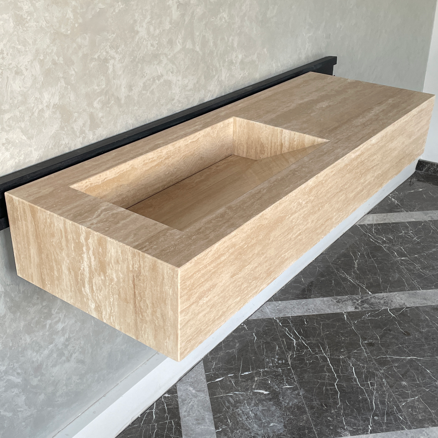 Handmade Vein Cut Travertine Sink: Custom Beige Bathroom Vanity (TR-082)