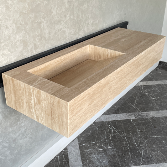 Handmade Vein Cut Travertine Sink: Custom Beige Bathroom Vanity (TR-082)