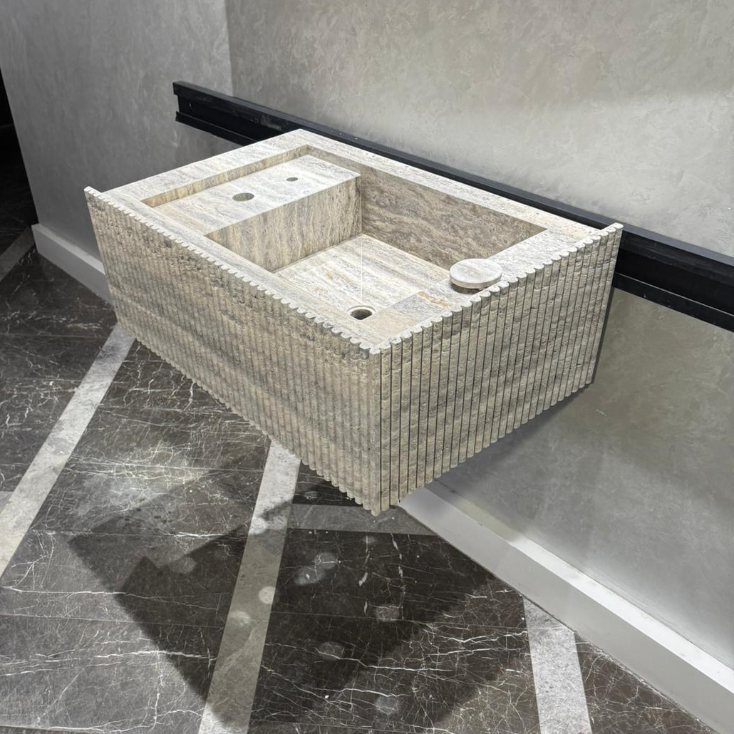 Handmade Silver Vein Cut Travertine Sink | Natural Stone Bathroom Basin | Luxury Custom (TR-077)