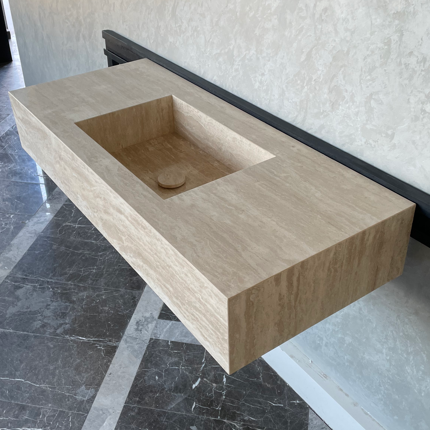 Handmade Vein Cut Travertine Sink: Custom Beige Bathroom Vanity (TR-94)