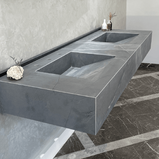 HANDCRAFTED ARMANI GREY HIGH ENGINEERED PORCELAIN DOUBLE SINK