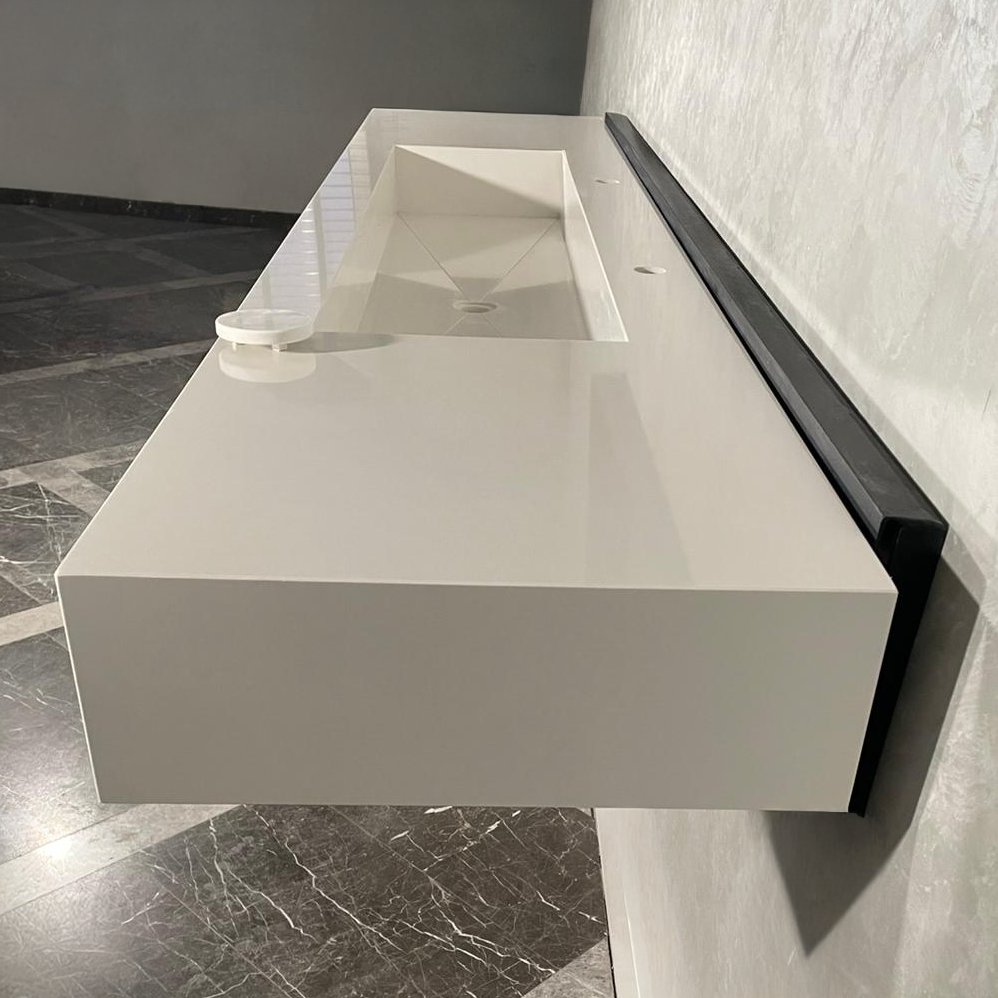 Custom White Quartz Large Bathroom Trough Sink: Wall Mount Vanity (QU-95)
