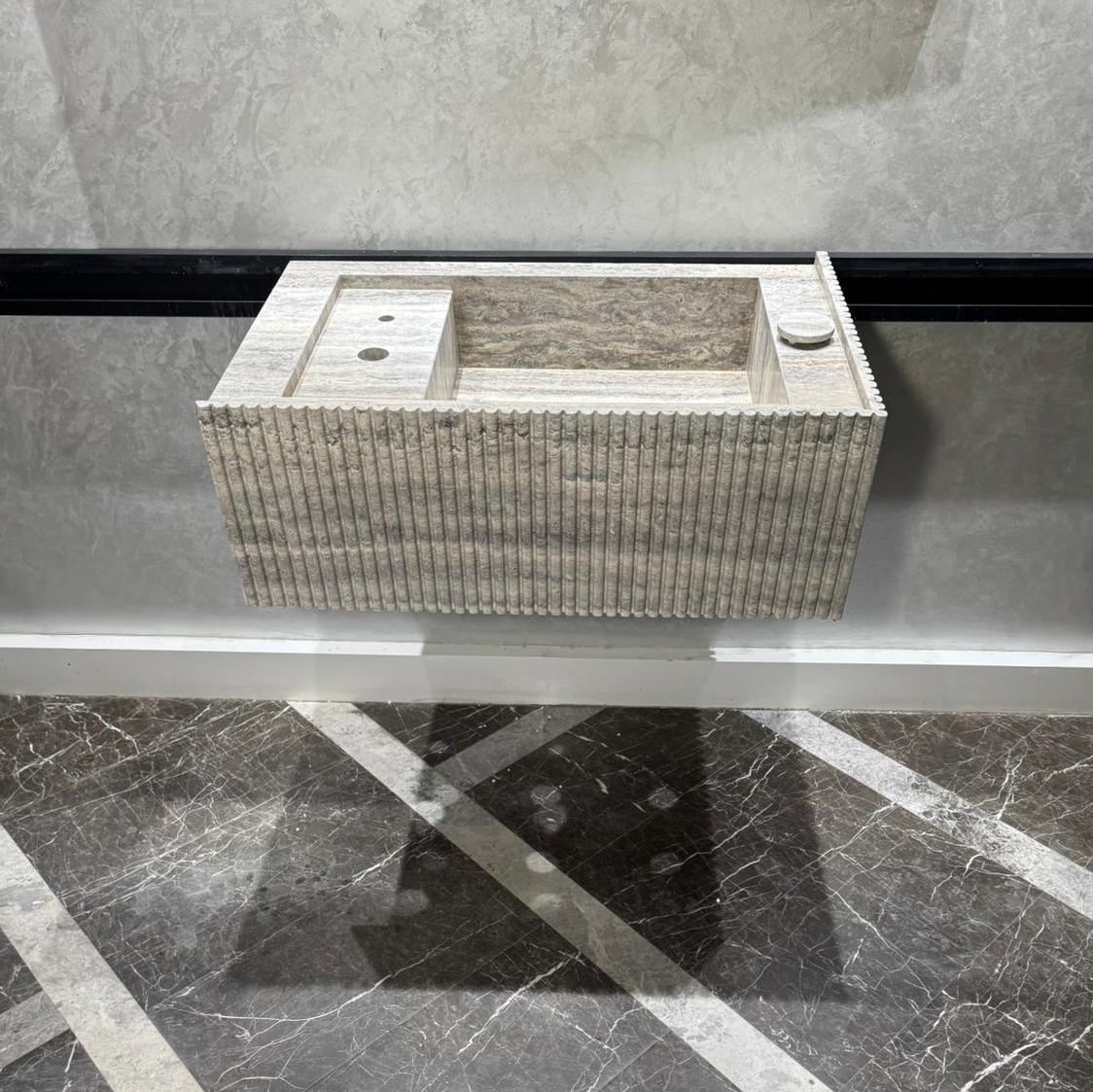 Handmade Silver Vein Cut Travertine Sink | Natural Stone Bathroom Basin | Luxury Custom (TR-077)