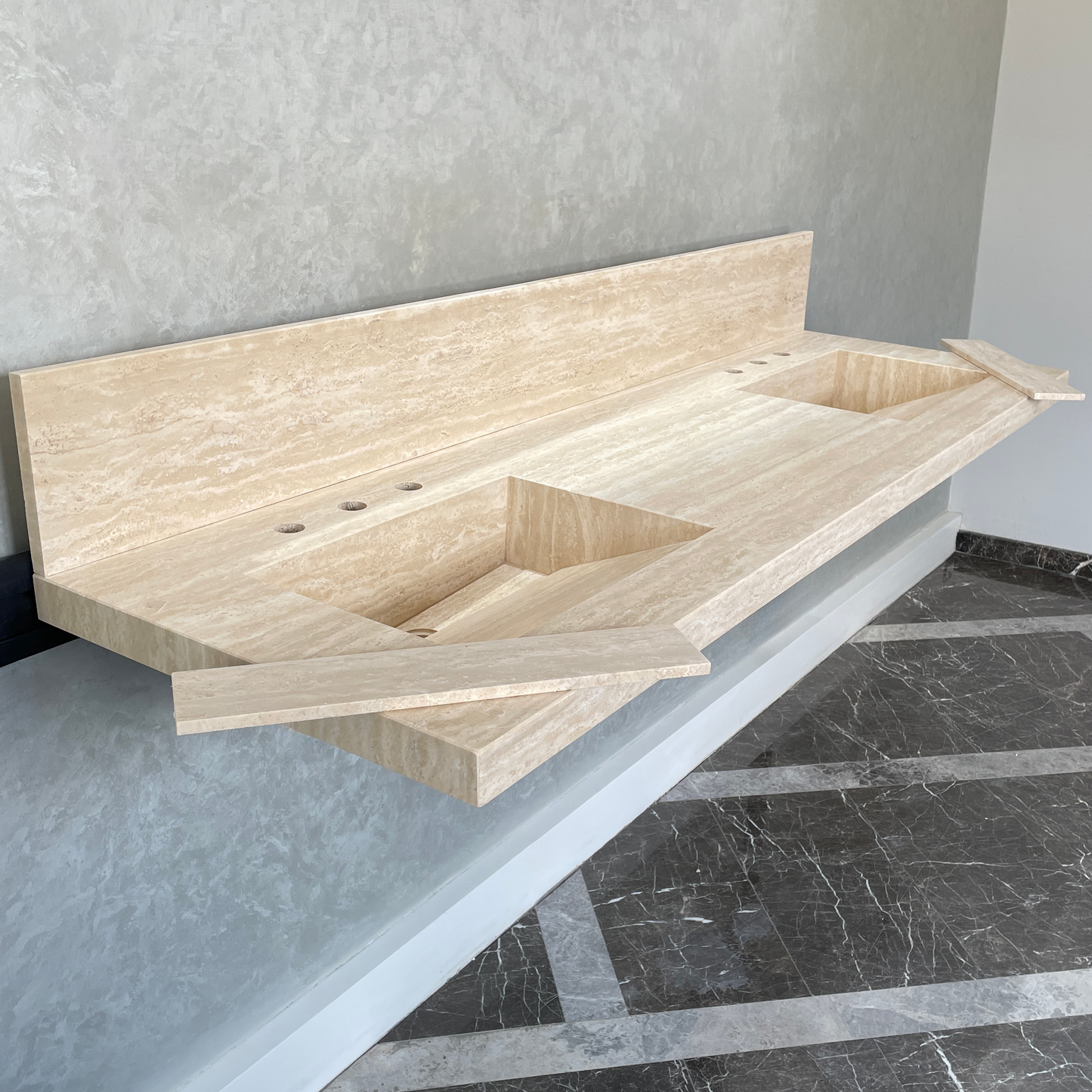 Handcrafted Vein Cut Travertine Sink: Custom Beige Bathroom Vanity (TR-117)