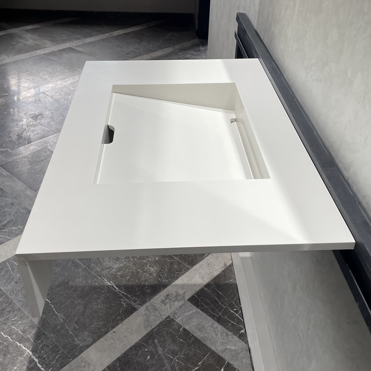 Handcrafted White Quartz Bathroom Vanity Sink With A Removable Ramp Cover Plate: Wall Mount or Vanity Top (QU-049)