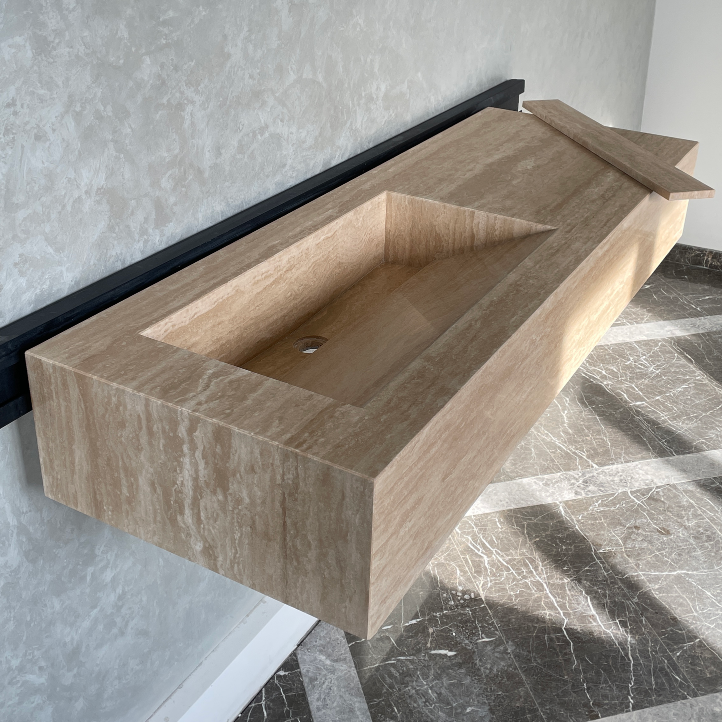 Handmade Vein Cut Travertine Sink: Custom Beige Bathroom Vanity (TR-082)