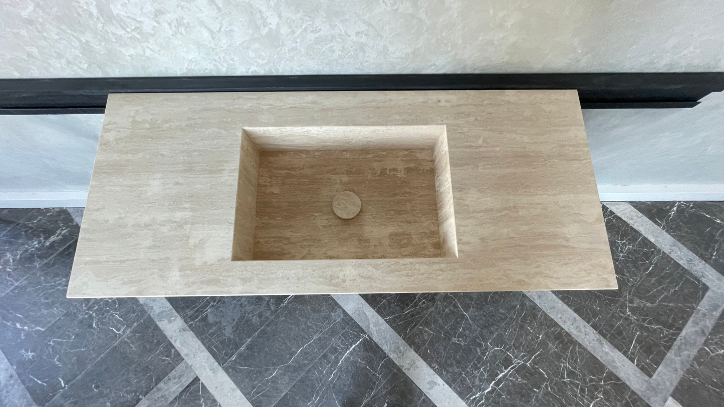 Handmade Vein Cut Travertine Sink: Custom Beige Bathroom Vanity (TR-94)