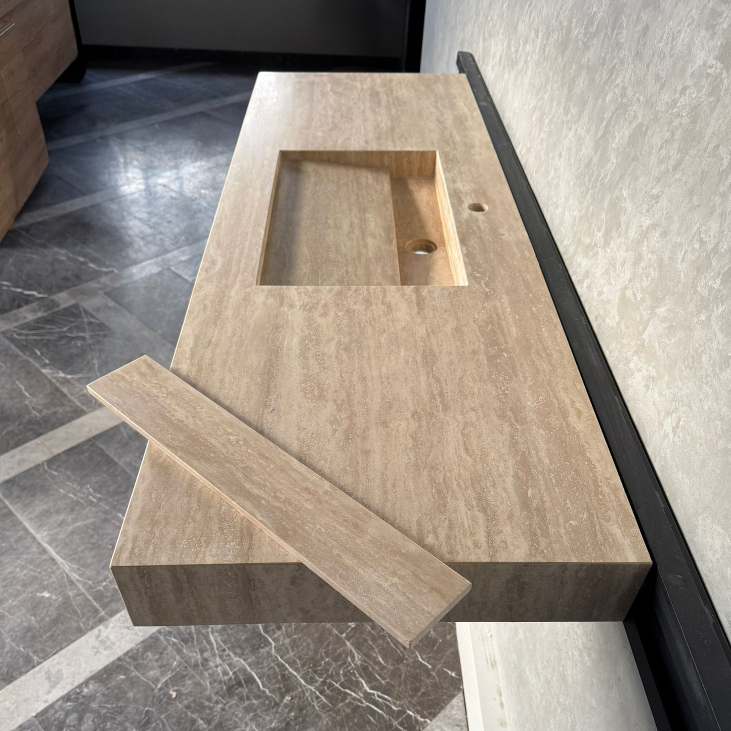 Vein Cut Travertine Ramp Sink | Handmade Natural Stone Bathroom Sink | Custom Modern Stone Basin (TR-85)