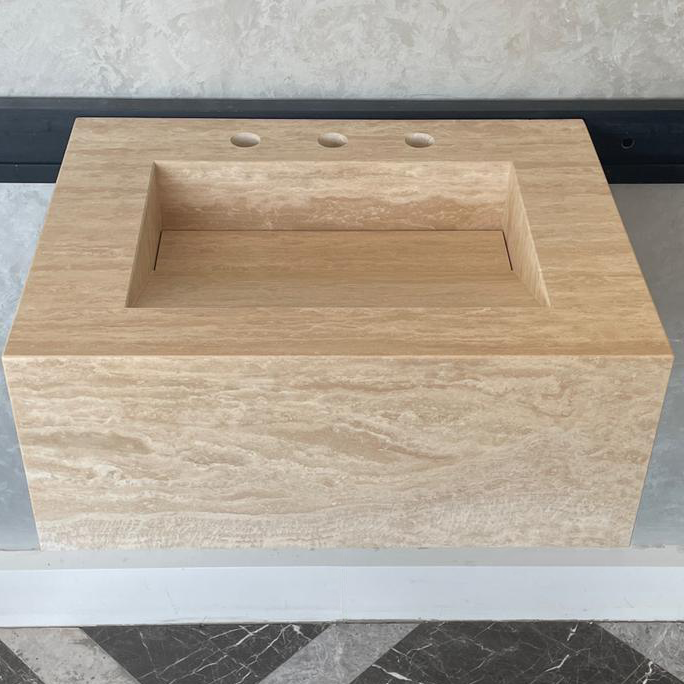 Handmade Vein Cut Travertine Sink: Custom Beige Bathroom Vanity (TR-046)