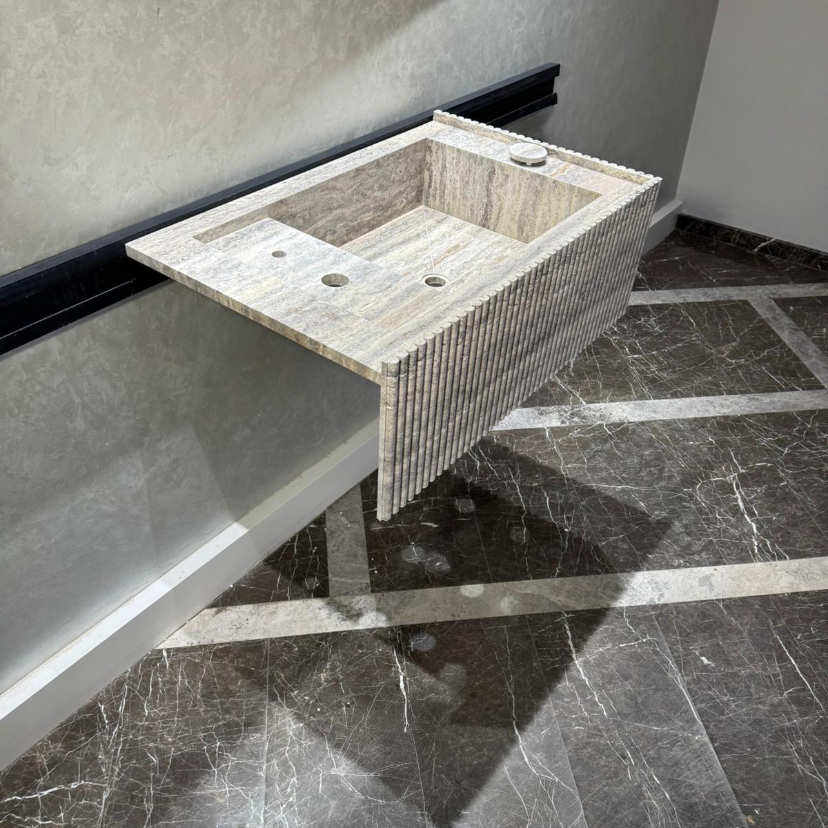 Handmade Silver Vein Cut Travertine Sink | Natural Stone Bathroom Basin | Luxury Custom (TR-077)