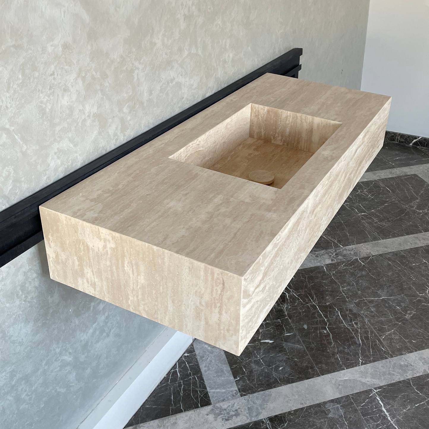 Handmade Vein Cut Travertine Sink: Custom Beige Bathroom Vanity (TR-94)