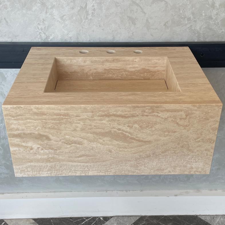 Handmade Vein Cut Travertine Sink: Custom Beige Bathroom Vanity (TR-046)