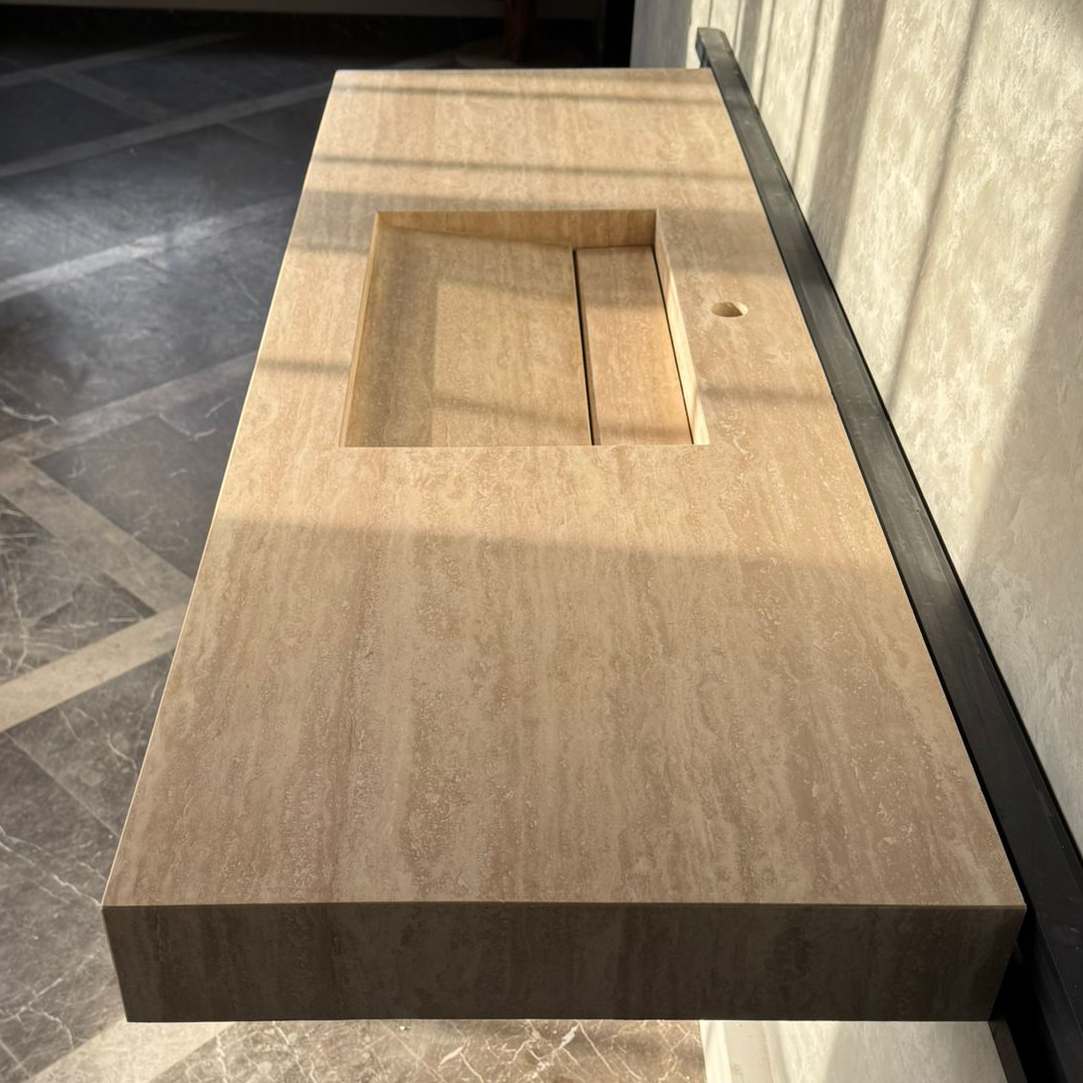 Vein Cut Travertine Ramp Sink | Handmade Natural Stone Bathroom Sink | Custom Modern Stone Basin (TR-85)