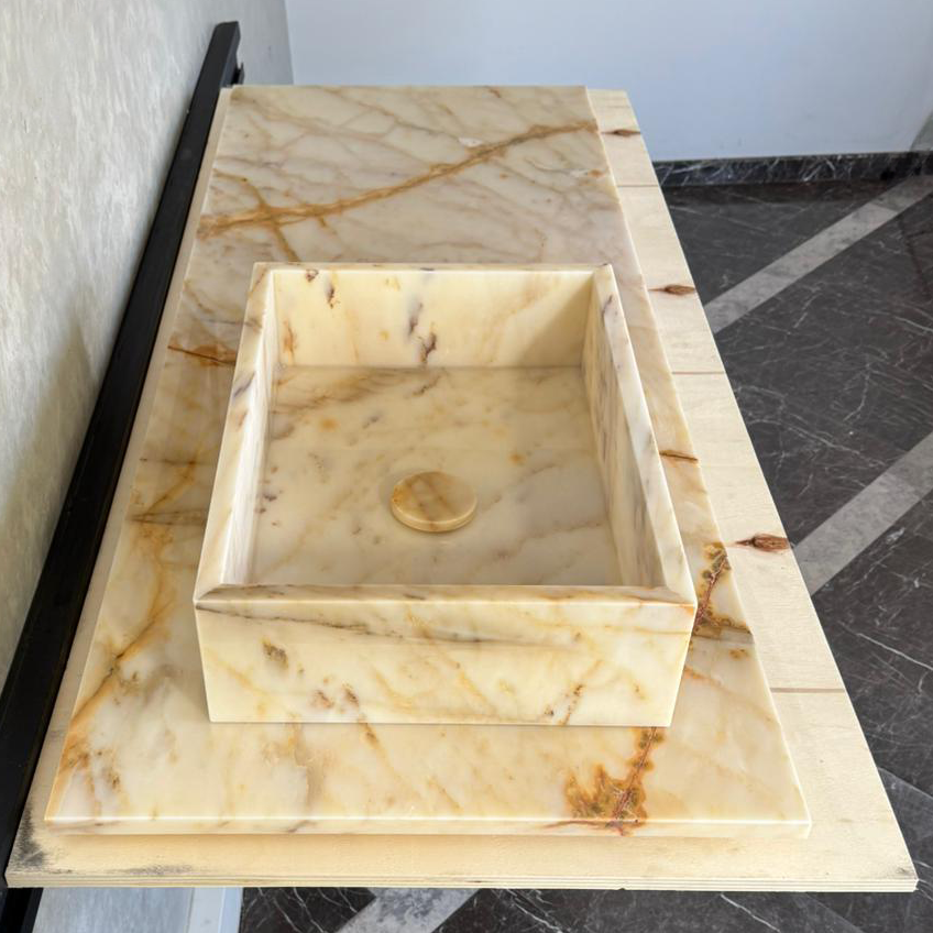 Custom Calacatta Gold Marble Sink – Handmade Natural Stone Bathroom Basin, Luxury Goldish Marble Vanity Top, Countertop and Sink