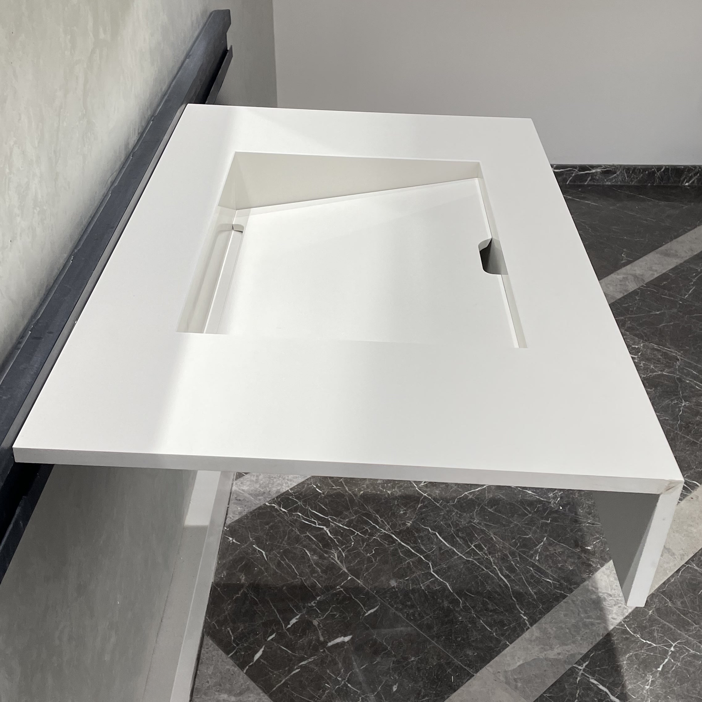 Handcrafted White Quartz Bathroom Vanity Sink With A Removable Ramp Cover Plate: Wall Mount or Vanity Top (QU-049)