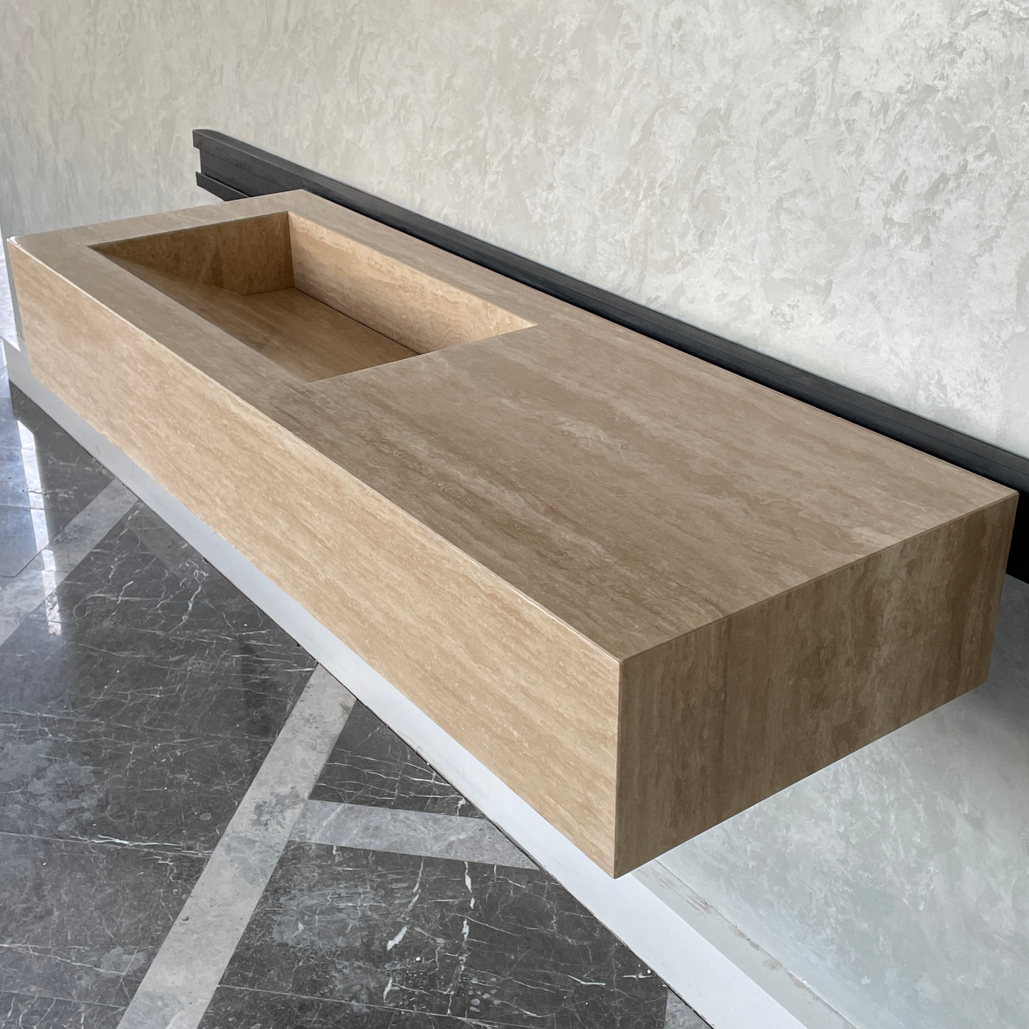 Handmade Vein Cut Travertine Sink: Custom Beige Bathroom Vanity (TR-082)
