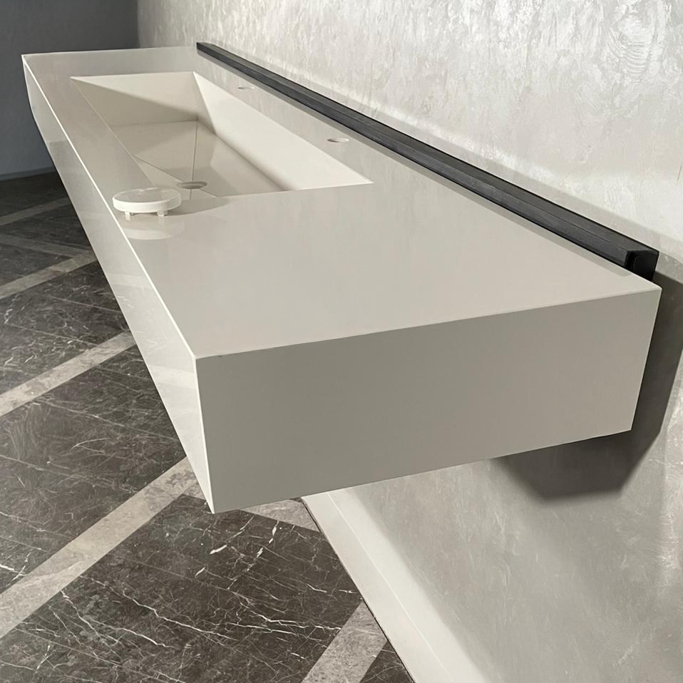 Custom White Quartz Large Bathroom Trough Sink: Wall Mount Vanity (QU-95)