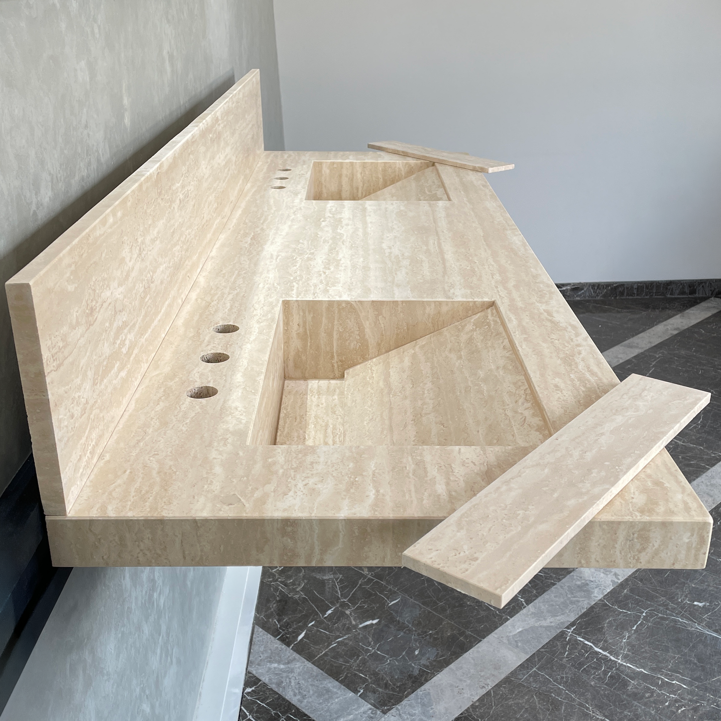 Handcrafted Vein Cut Travertine Sink: Custom Beige Bathroom Vanity (TR-117)
