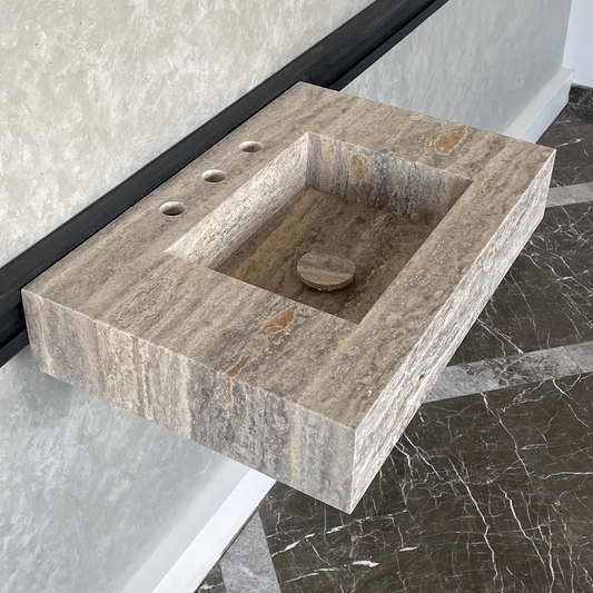 Handmade Vein Cut Silver Travertine Sink: Custom Bathroom Vanity (TR-042)