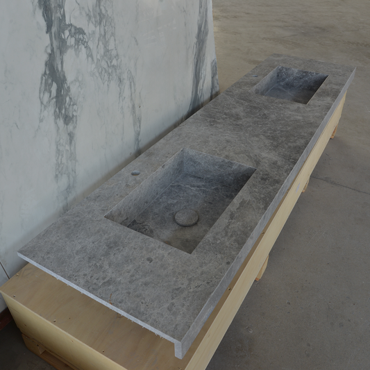 HANDCRAFTED CUSTOM TUNDRA GREY MARBLE DOUBLE SINK