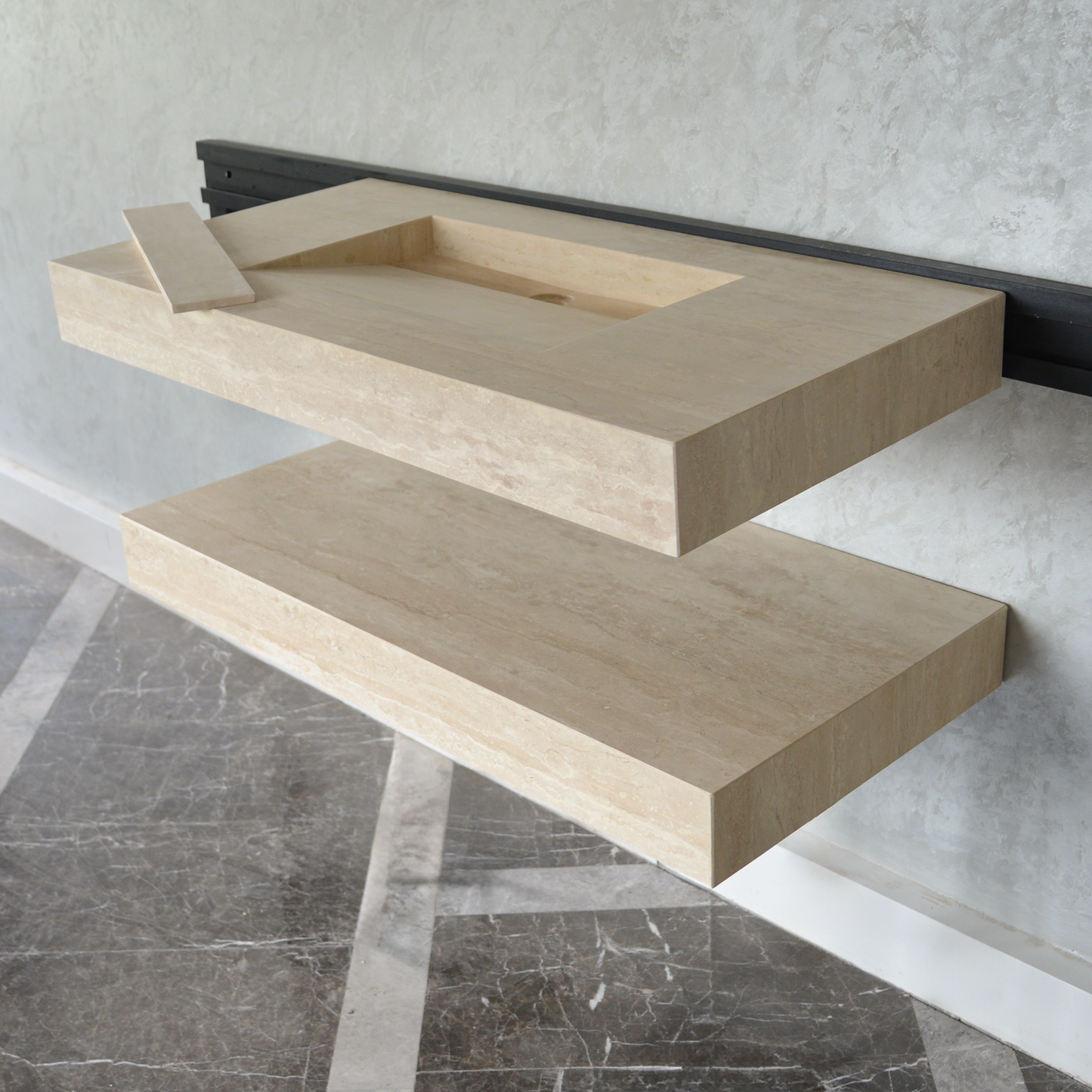 HANDCRAFTED CUSTOM TRAVERTINE SINK AND MATCHING SHELF (TR-095)