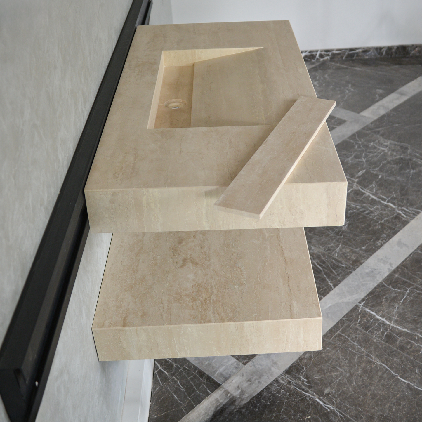 HANDCRAFTED CUSTOM TRAVERTINE SINK AND MATCHING SHELF (TR-095)