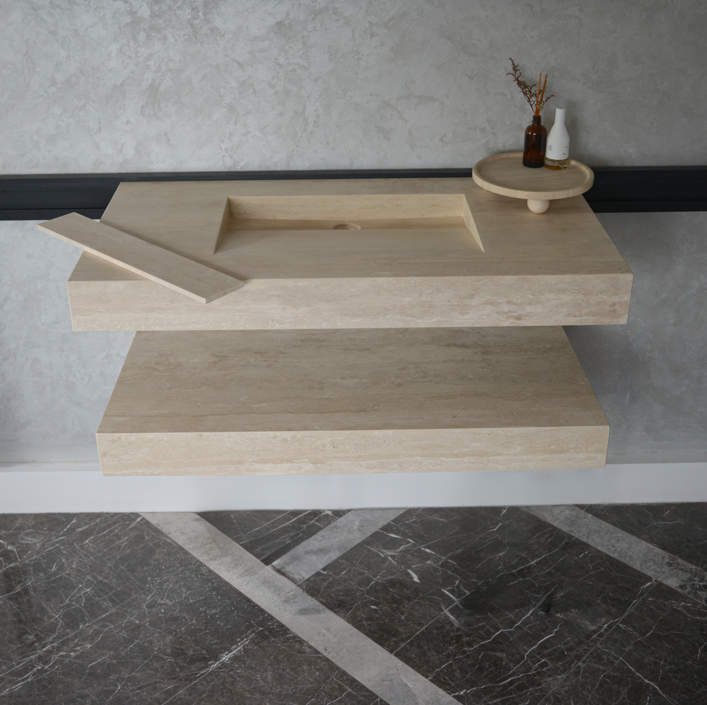 HANDCRAFTED CUSTOM TRAVERTINE SINK AND MATCHING SHELF (TR-095)