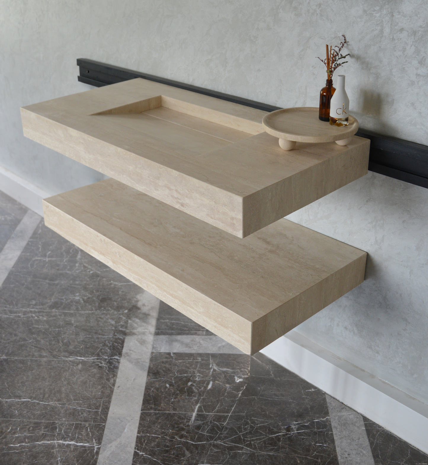 HANDCRAFTED CUSTOM TRAVERTINE SINK AND MATCHING SHELF (TR-095)