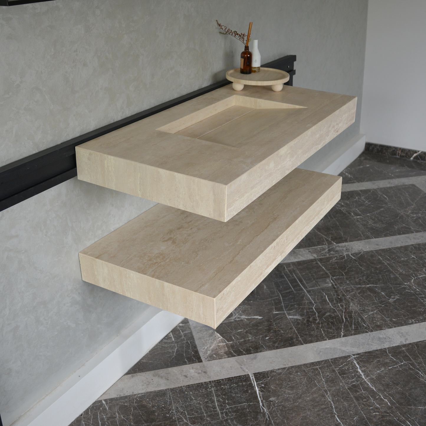 HANDCRAFTED CUSTOM TRAVERTINE SINK AND MATCHING SHELF (TR-095)