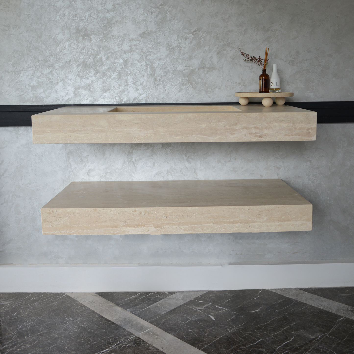 HANDCRAFTED CUSTOM TRAVERTINE SINK AND MATCHING SHELF (TR-095)