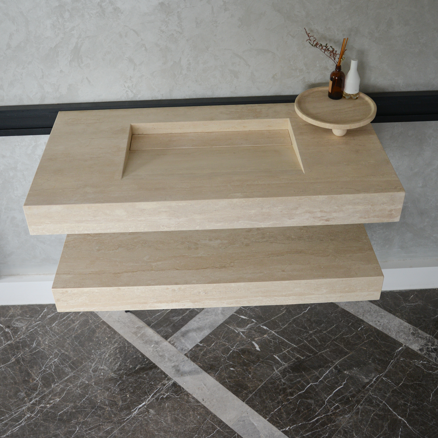 HANDCRAFTED CUSTOM TRAVERTINE SINK AND MATCHING SHELF (TR-095)