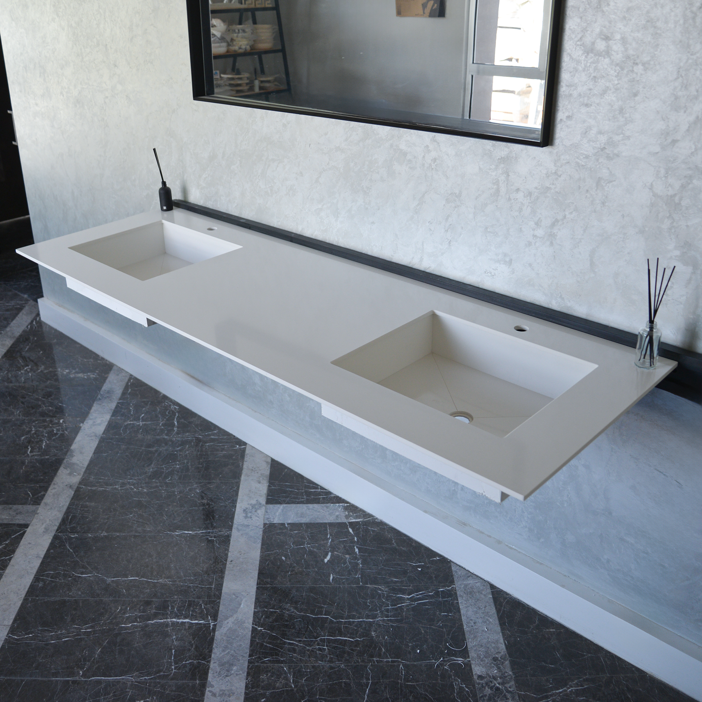 HANDCRAFTED CUSTOM WHITE QUARTZ DOUBLE SINK (QU-101)