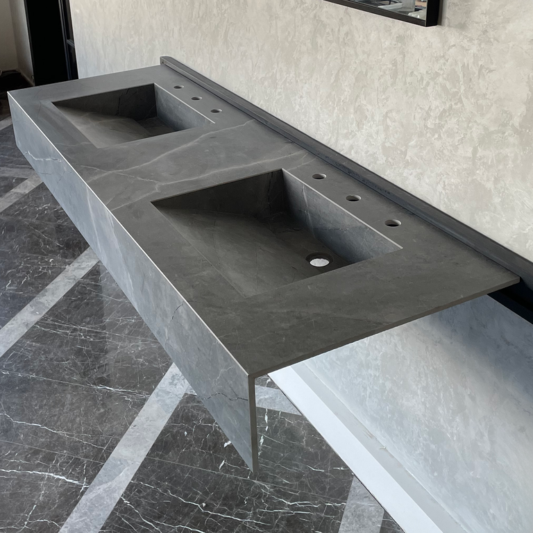 HANDCRAFTED ARMANI GREY HIGH ENGINEERED PORCELAIN DOUBLE SINK (ES-096)