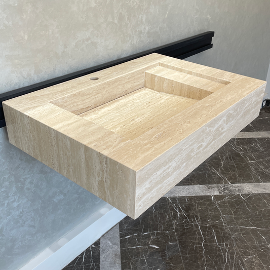 Handmade Vein Cut Travertine Sink: Custom Beige Bathroom Vessel (TR-056/059/071)