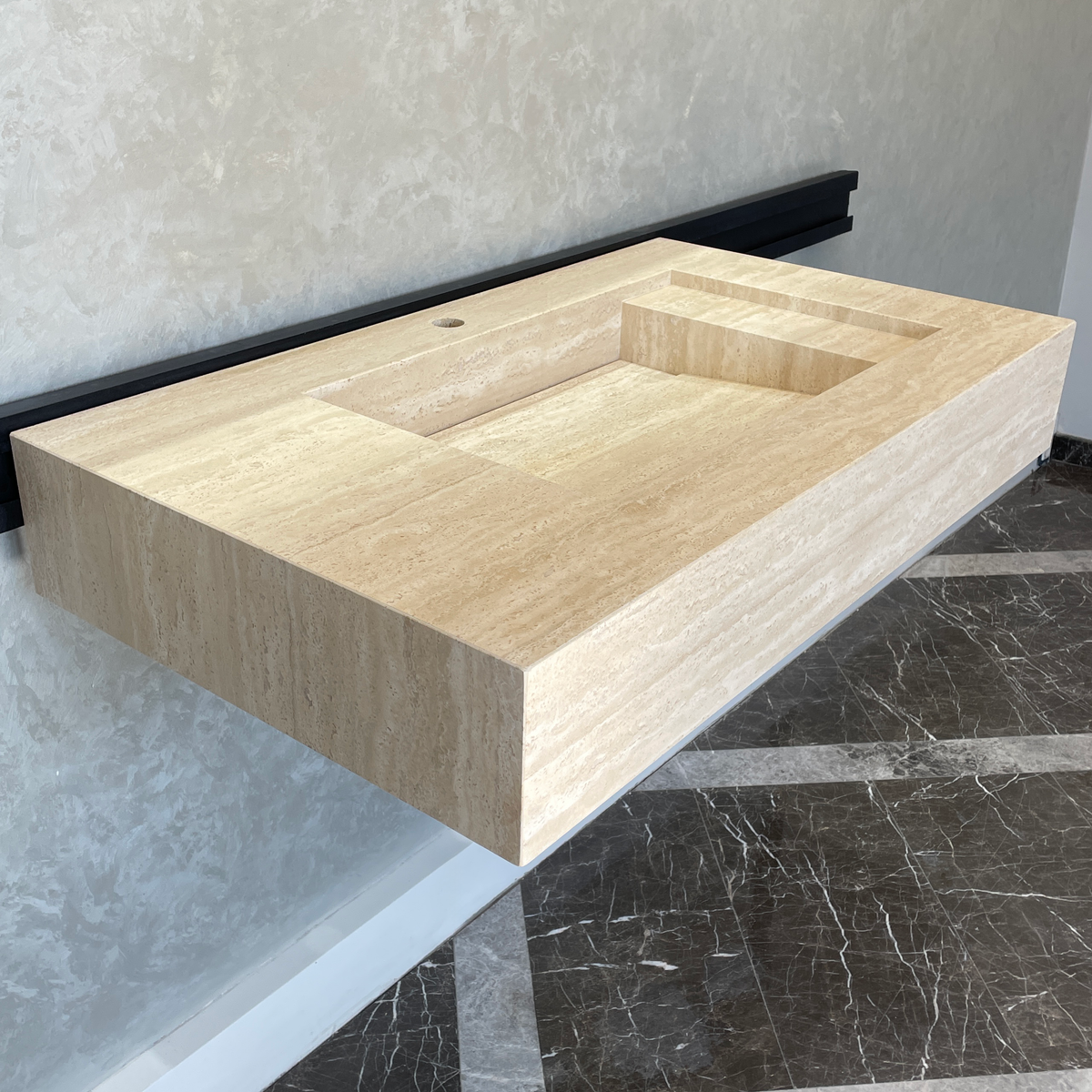 Handmade Vein Cut Travertine Sink: Custom Beige Bathroom Vessel (TR-056/059/071)