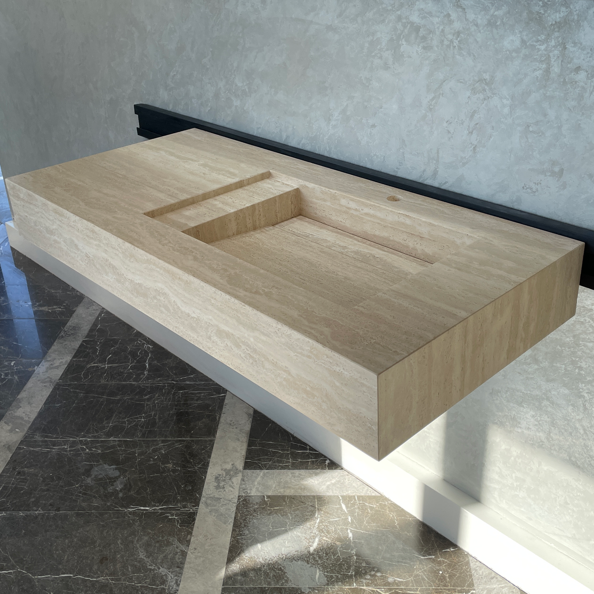 Handmade Vein Cut Travertine Sink: Custom Beige Bathroom Vessel (TR-056/059/071)