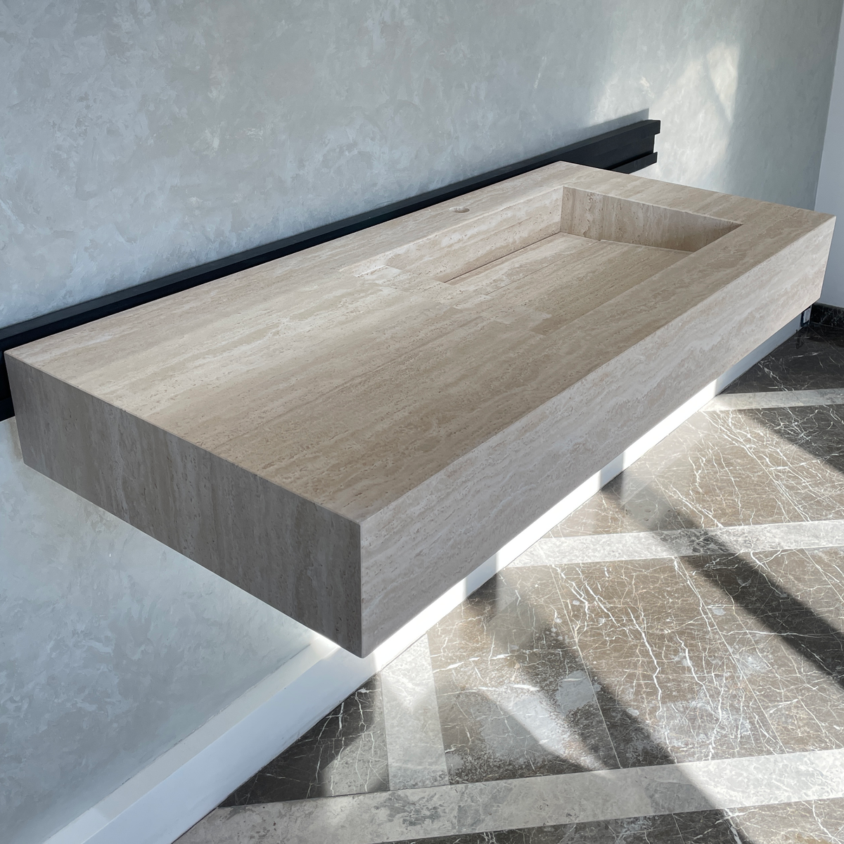 Handmade Vein Cut Travertine Sink: Custom Beige Bathroom Vessel (TR-056/059/071)