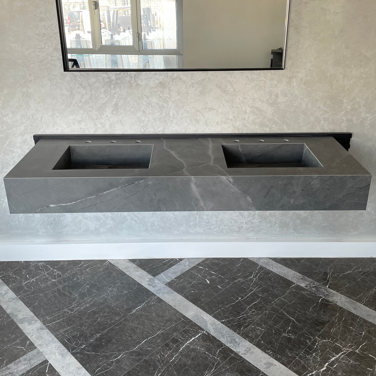 HANDCRAFTED ARMANI GREY HIGH ENGINEERED PORCELAIN DOUBLE SINK (ES-096)