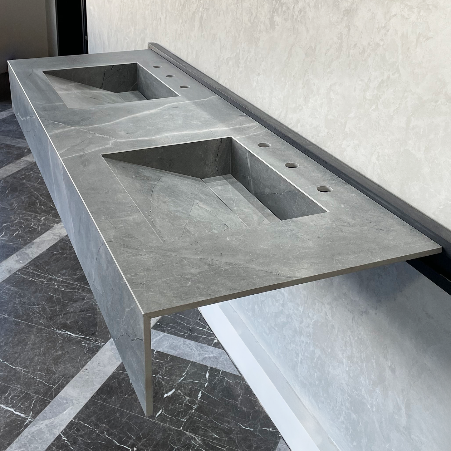 HANDCRAFTED ARMANI GREY HIGH ENGINEERED PORCELAIN DOUBLE SINK