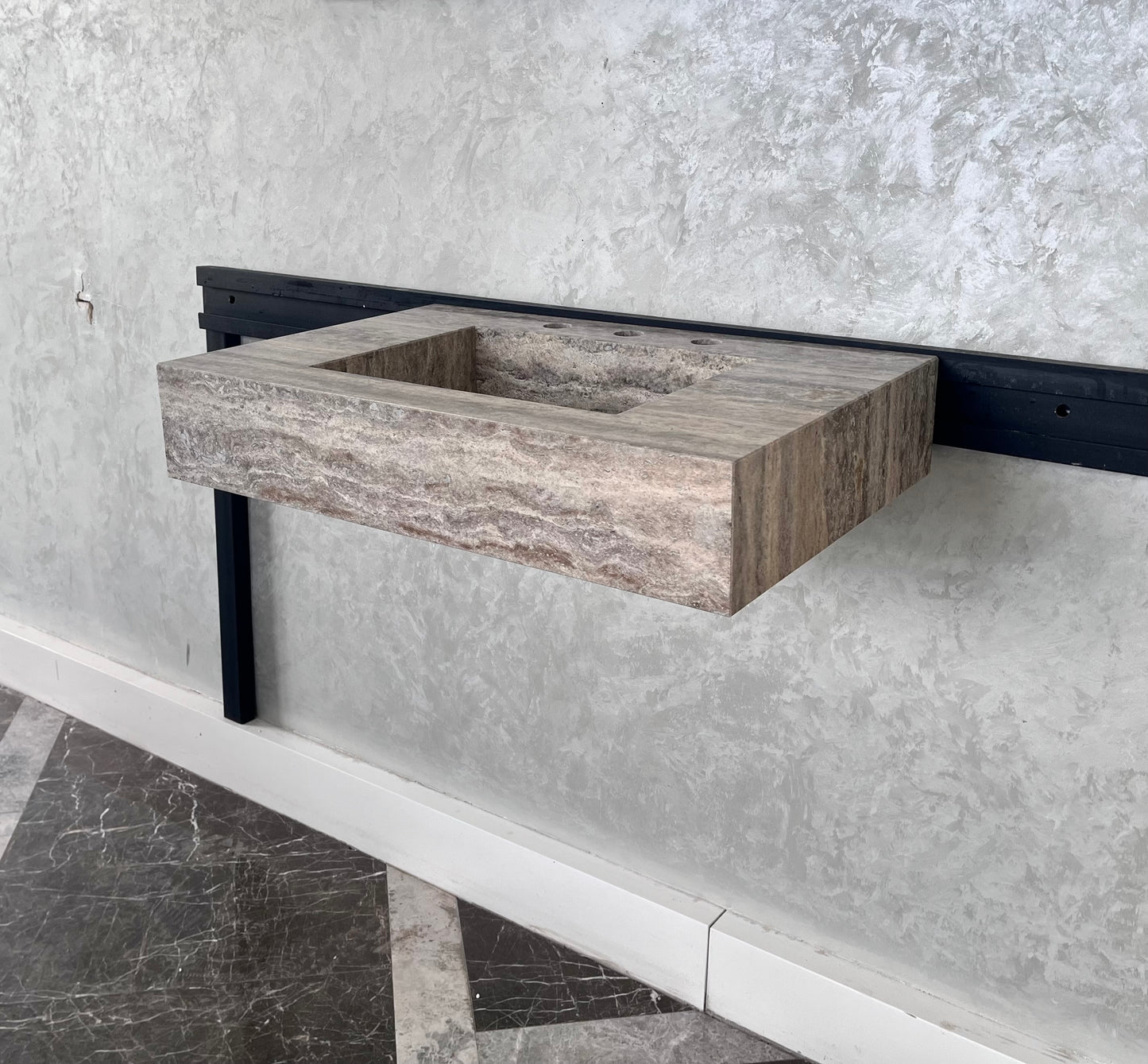 HANDCRAFTED CUSTOM SILVER TRAVERTINE SINK (TR-047)