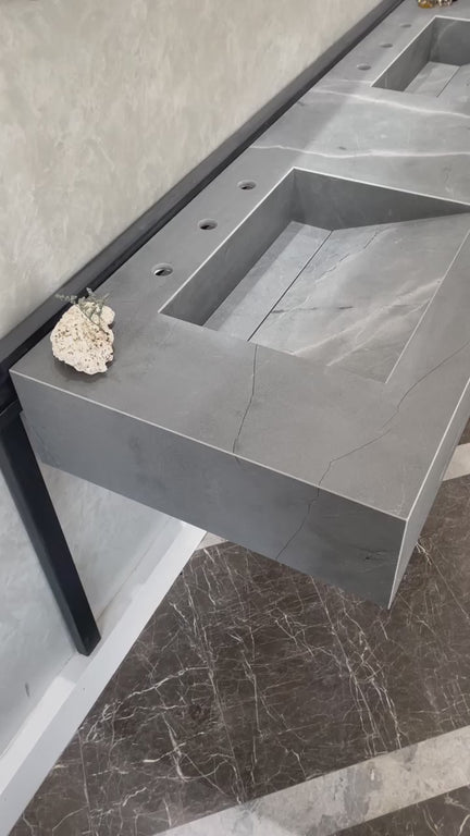 HANDCRAFTED ARMANI GREY HIGH ENGINEERED PORCELAIN DOUBLE SINK (ES-096)